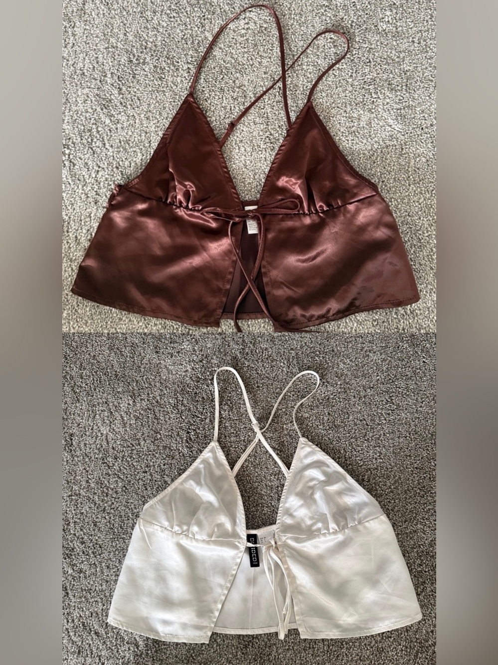 White and Brown Satin Crop Cami with Tie Front